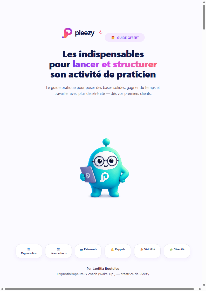 Couverture du guide : Les indispensables pour lancer et structurer son activité de praticien, par Laetitia Boutefeu.