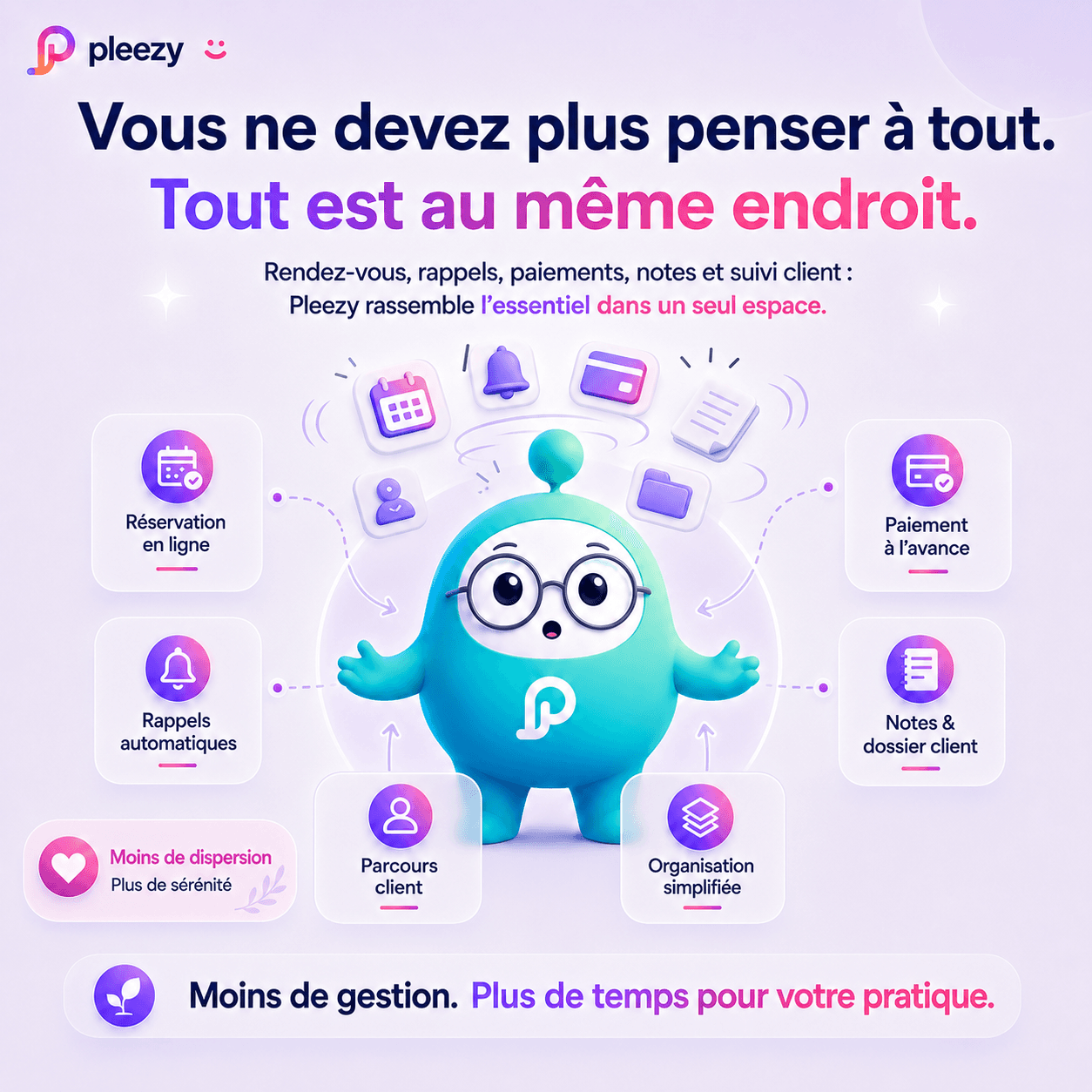 La mascotte Pleezy entourée des briques de l’activité — réservation en ligne, rappels automatiques, paiement à l’avance, notes et dossier client — toutes réunies au même endroit.